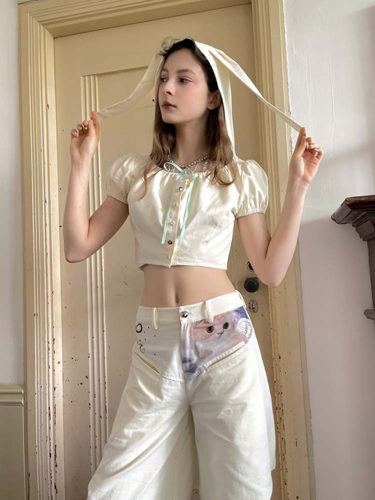 Bunny Ears Hooded Puff Sleeve Short Tops【s0000009033】