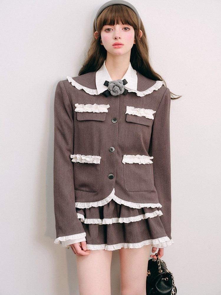 Lace Stitch College Taste Jacket ＆ Puffy Mini Skirt【s0000003853】