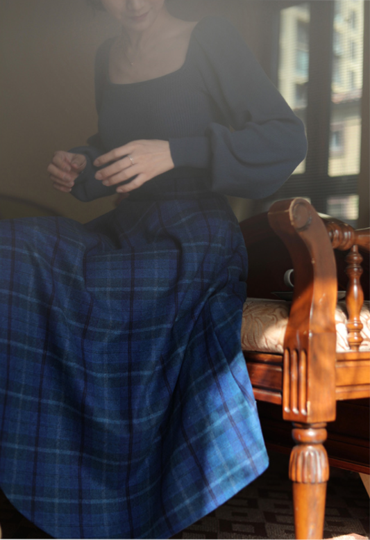 Blue Indigo Checkered Umbrella Skirt