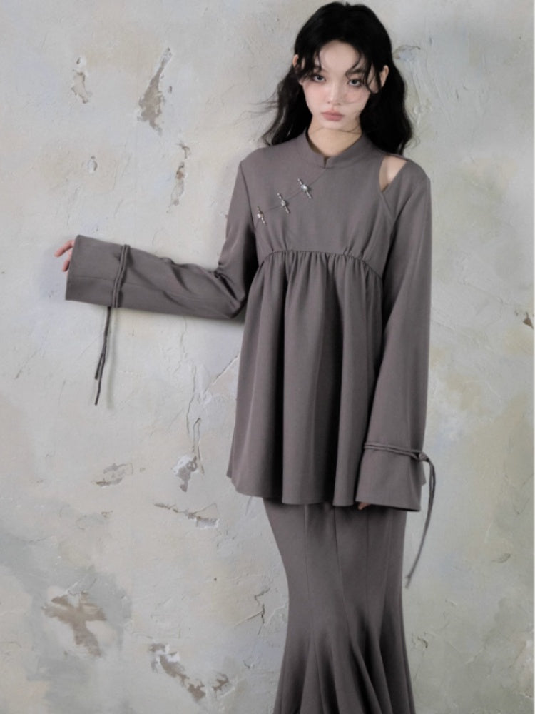 Mao Collar Switching Peplum Tops & Mermaid Skirt【s0000004393】