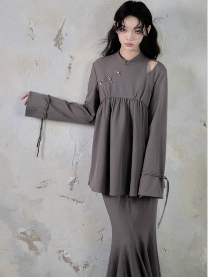 Mao Collar Switching Peplum Tops & Mermaid Skirt【s0000004393】