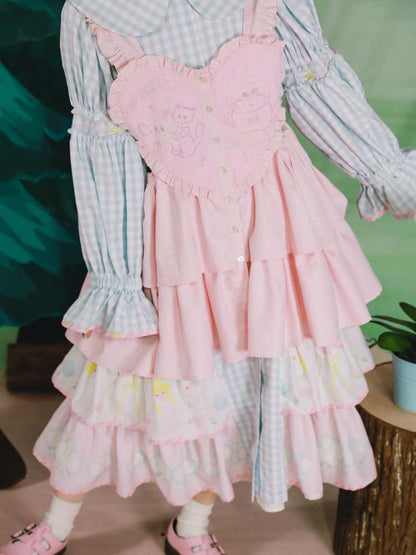 Cat Embroidery Drawstring Heart Layered Apron Dress【s0000007762】