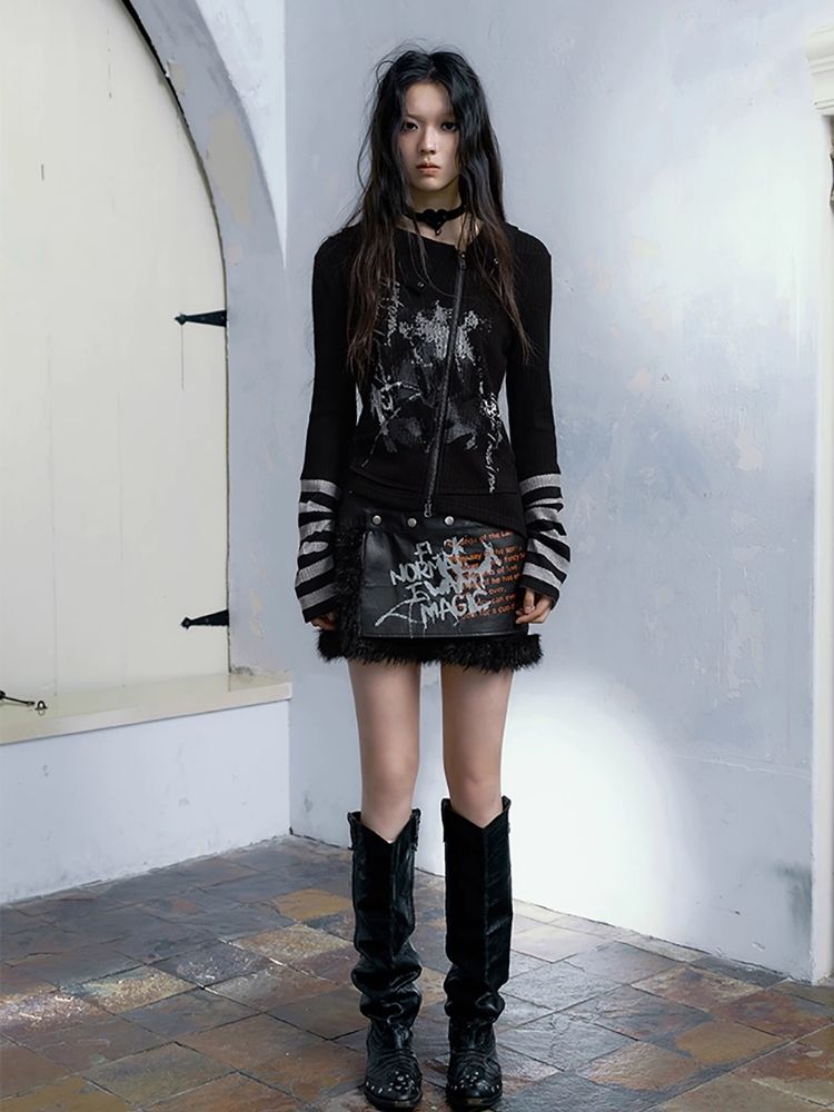 Black leather spelling wool package hip dress pants【s0000004515】