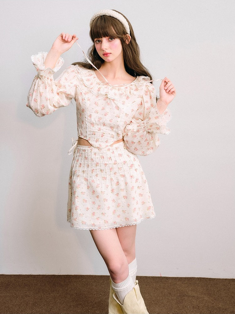 Floral Frill Collar Cropped Shirt ＆ A-Line Mini Skirt【s0000003850】