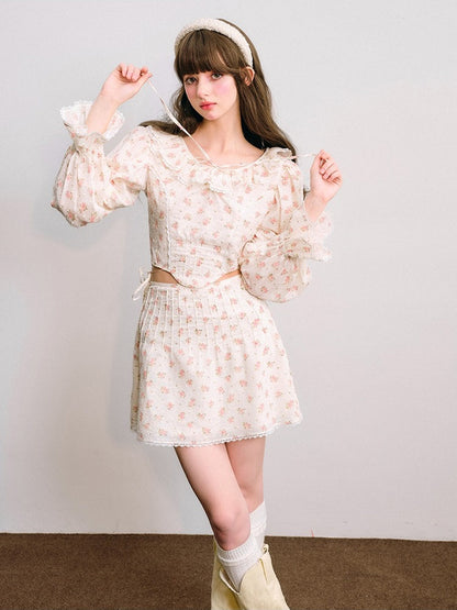 Floral Frill Collar Cropped Shirt ＆ A-Line Mini Skirt【s0000003850】