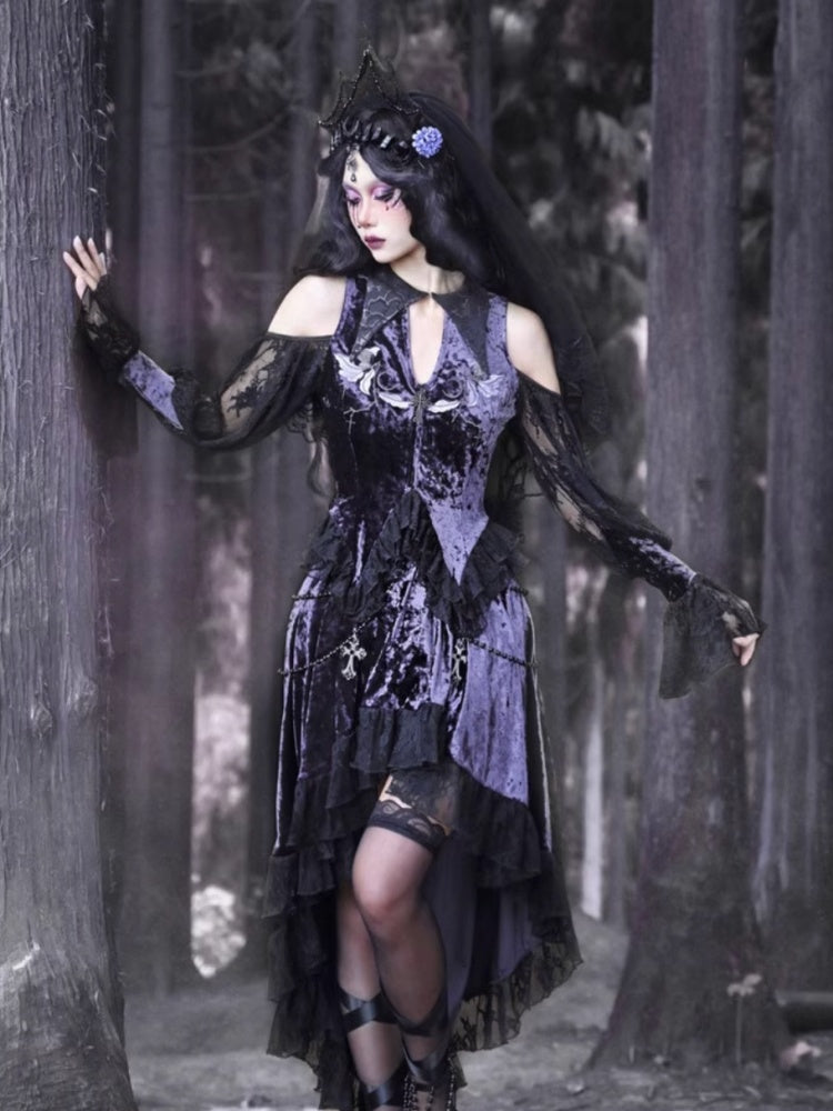 Gothic Velvet Open Shoulder Lace Flower Blouse【s0000003868】