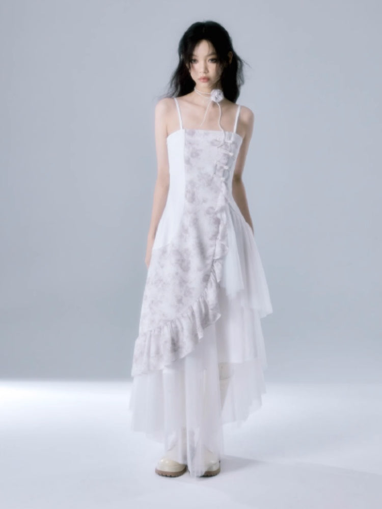 Patchwork Ruffle Suspender Long Dress & Waistcoat【s0000004379】