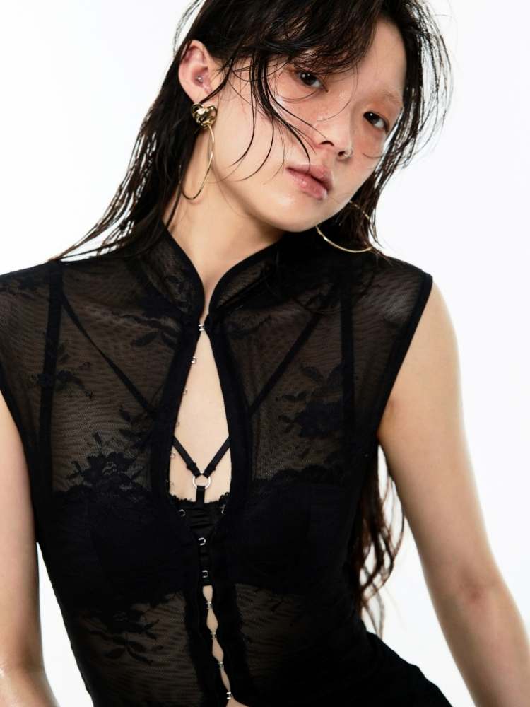 Mesh Lace Cheongsam Blouse & Skirt Set【s0000009176】