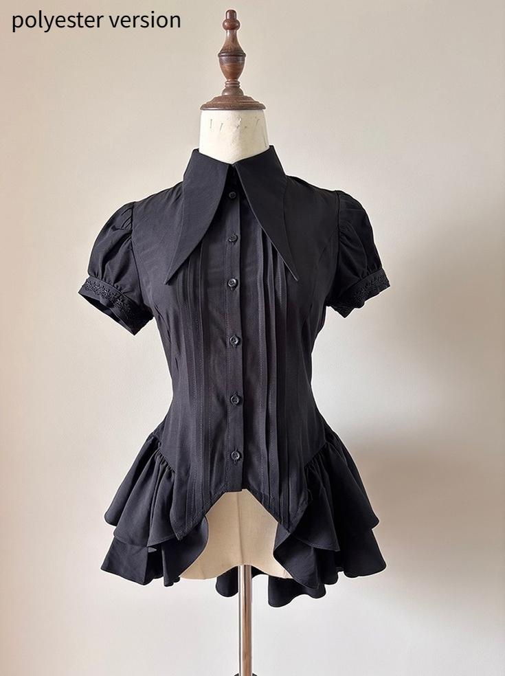 FlowerFairyDaily - Midnight Prayer - Solid Lolita Shirt with Flowing Tiered Back Hem