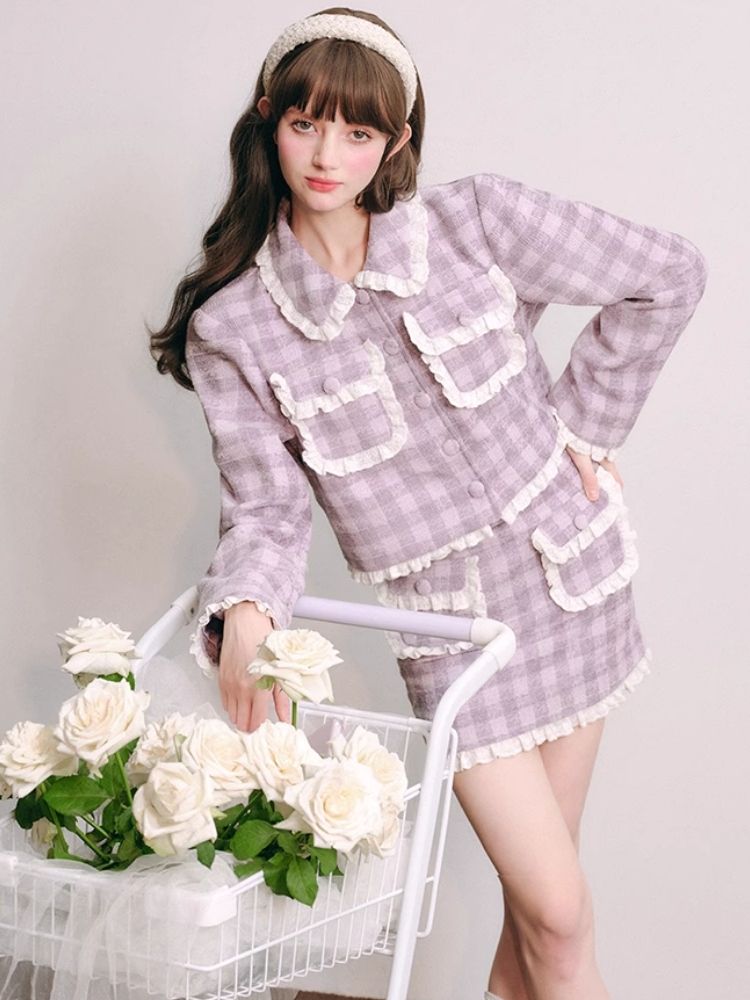 Purple lace jacket half skirt two-piece【s0000004446】