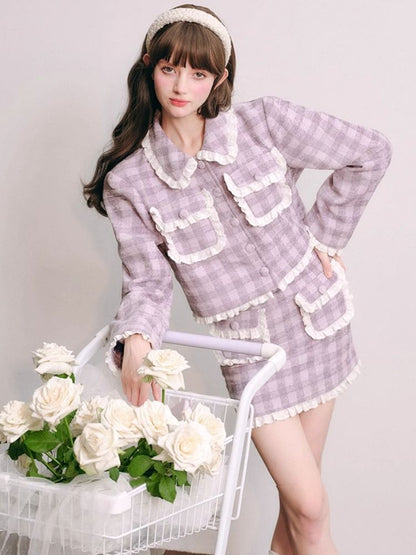 Purple lace jacket half skirt two-piece【s0000004446】