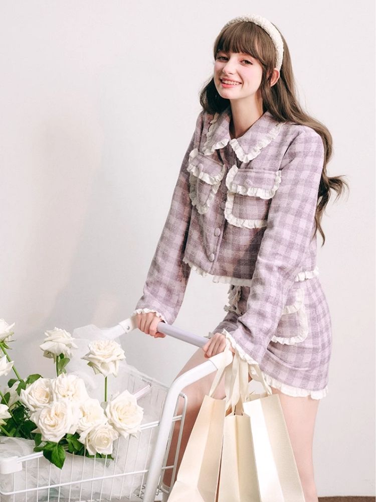 Purple lace jacket half skirt two-piece【s0000004446】