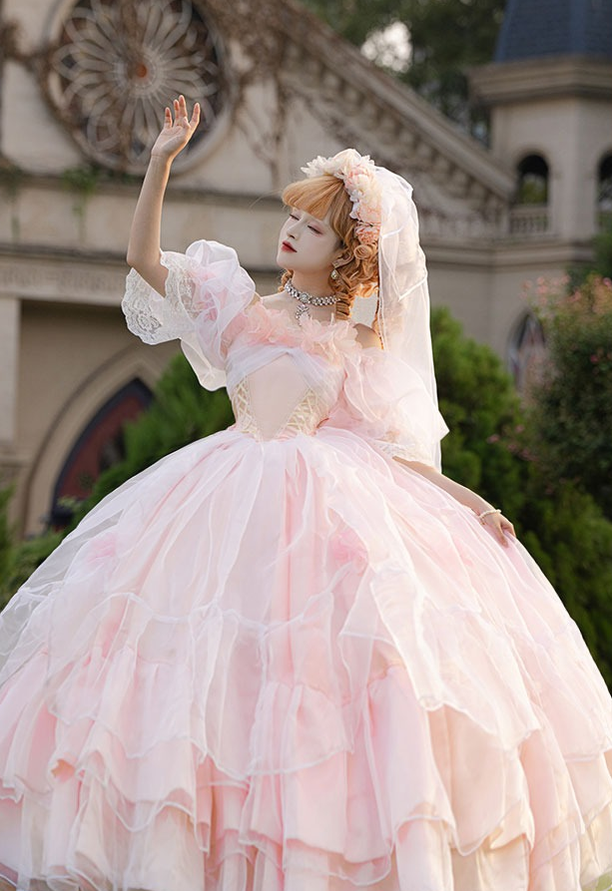 Daydream Whisper - Misty Rose Sea - Plus Size Wedding Lolita JSK with Puffy Tiered Skirt
