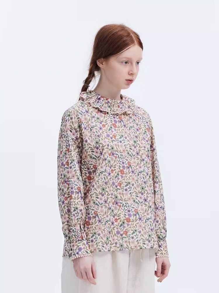 Lace Collar Floral Printed Long Sleeve Shirt【s0000007963】