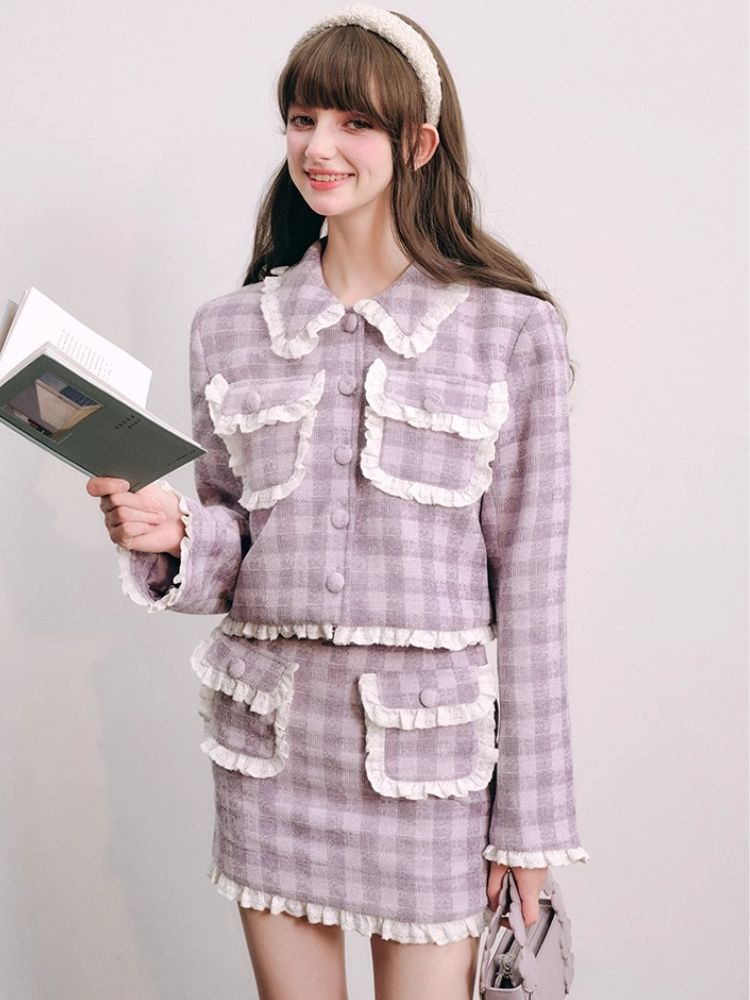 Purple lace jacket half skirt two-piece【s0000004446】