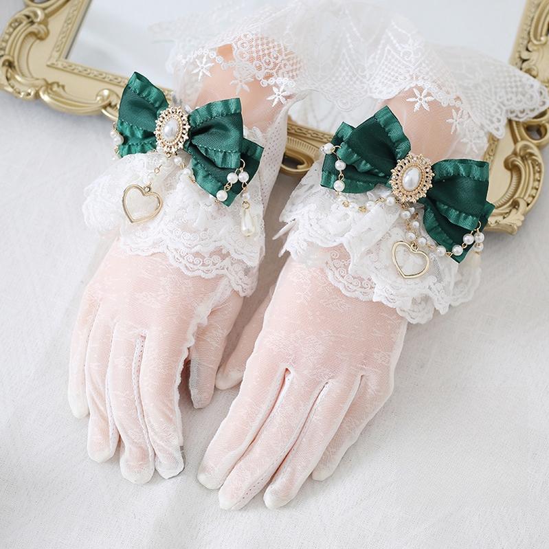 Xiaogui - Vintage Lolita Gloves Lace Bow Bead Chain Sunscreen Gloves