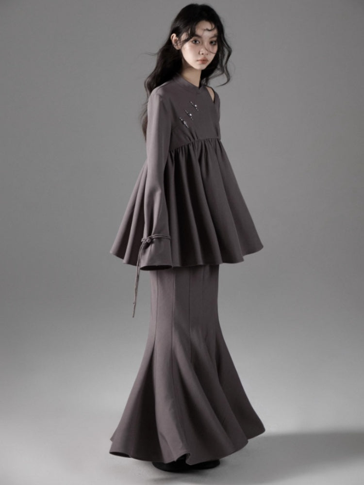 Mao Collar Switching Peplum Tops & Mermaid Skirt【s0000004393】