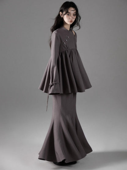 Mao Collar Switching Peplum Tops & Mermaid Skirt【s0000004393】