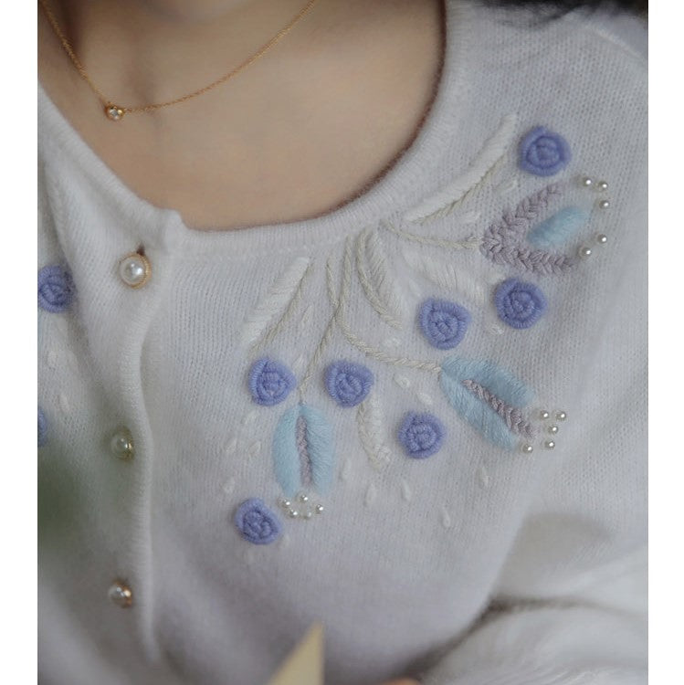 blue flower embroidery knit cardigan