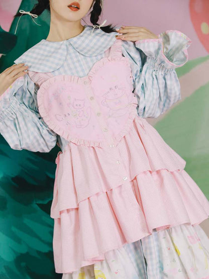Cat Embroidery Drawstring Heart Layered Apron Dress【s0000007762】