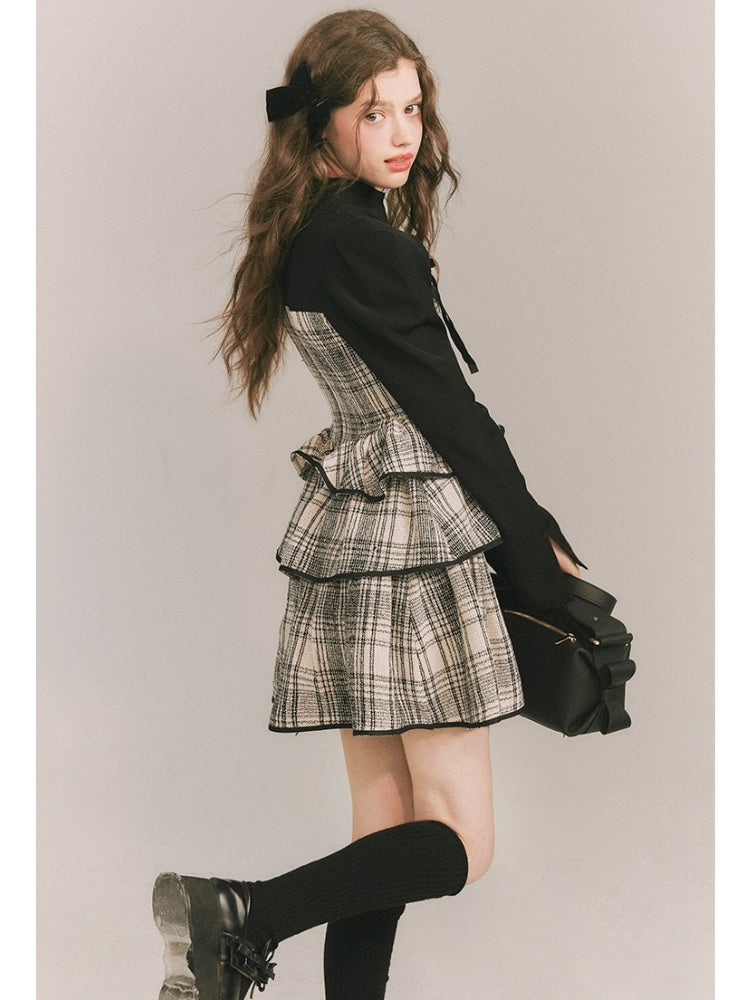 Plaid Cake Skirt Faux Two Piece Dress【s0000003859】
