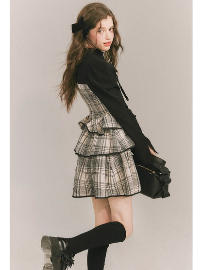 Plaid Cake Skirt Faux Two Piece Dress【s0000003859】