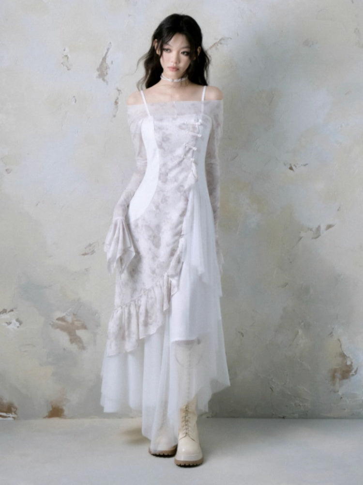 Patchwork Ruffle Suspender Long Dress & Waistcoat【s0000004379】