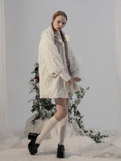 Embroidery Flower Lace Faux Fur Long Coat【s0000003855】