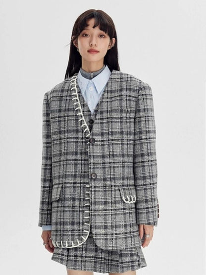 Plaid vest jacket and pleated skirt【s0000003970】