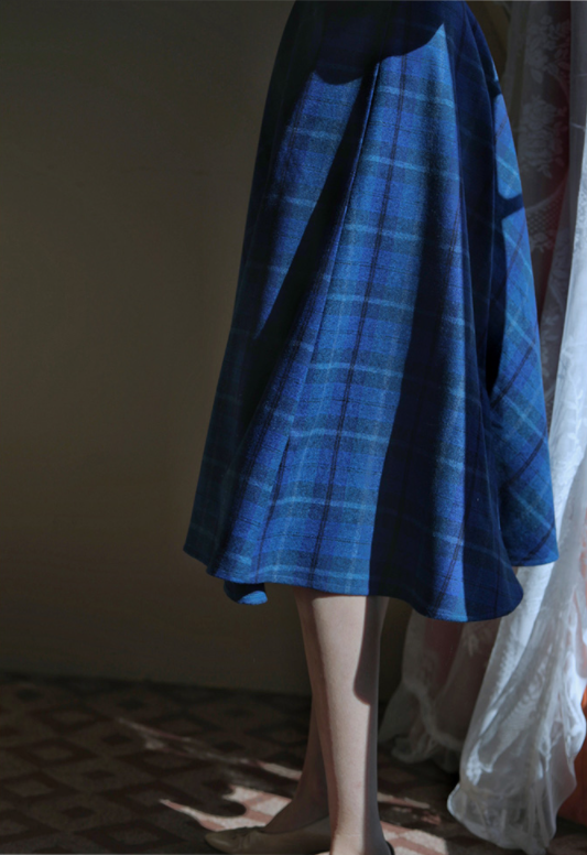 Blue Indigo Checkered Umbrella Skirt