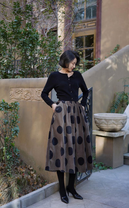 Birch brown polka dot velvet umbrella skirt