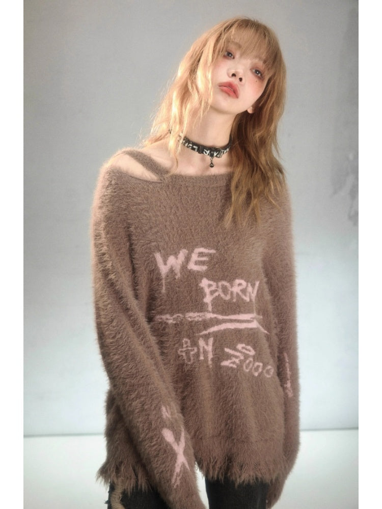 Punk Graffiti Jacquard Mink Lazy Pullover Sweater Chocolate Brown【s0000003880】