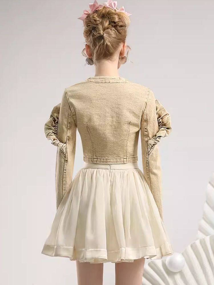 Khaki Denim Top Organza Half Skirt Two Piece Set【s0000006819】