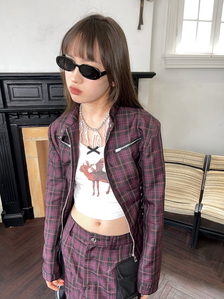 Plaid Zipper Short Jacket & Patch Pocket Long Skirt【s0000003884】