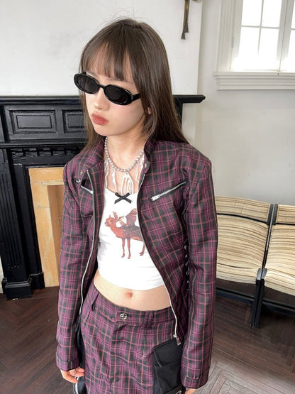 Plaid Zipper Short Jacket & Patch Pocket Long Skirt【s0000003884】