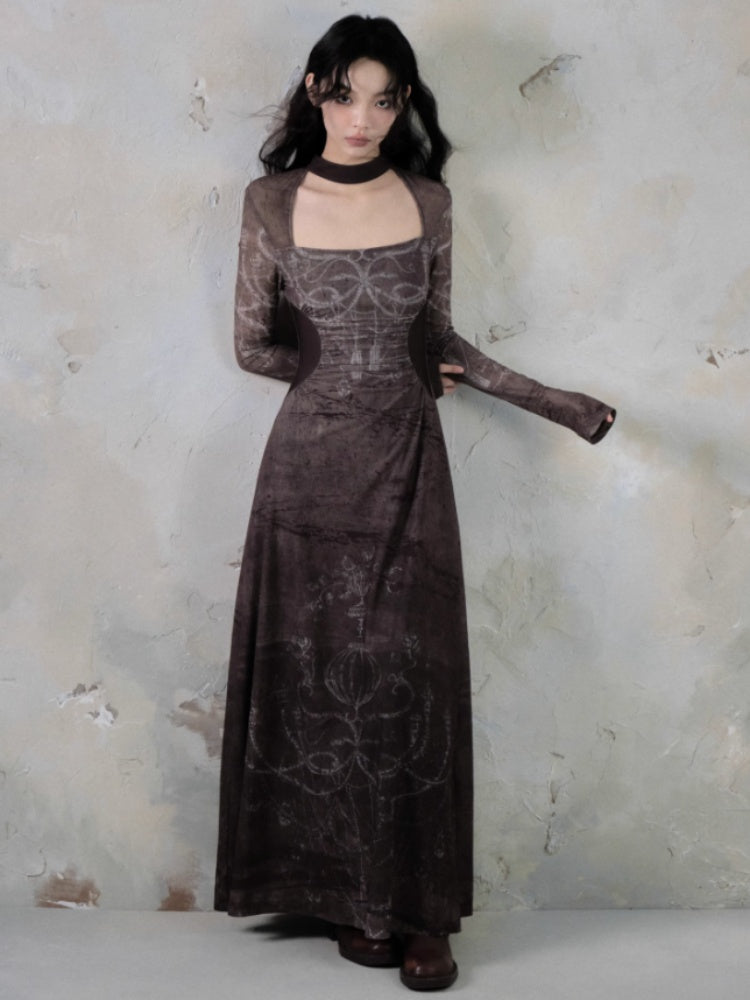 Square Neck Printed Waist Slim Long Dress【s0000004398】