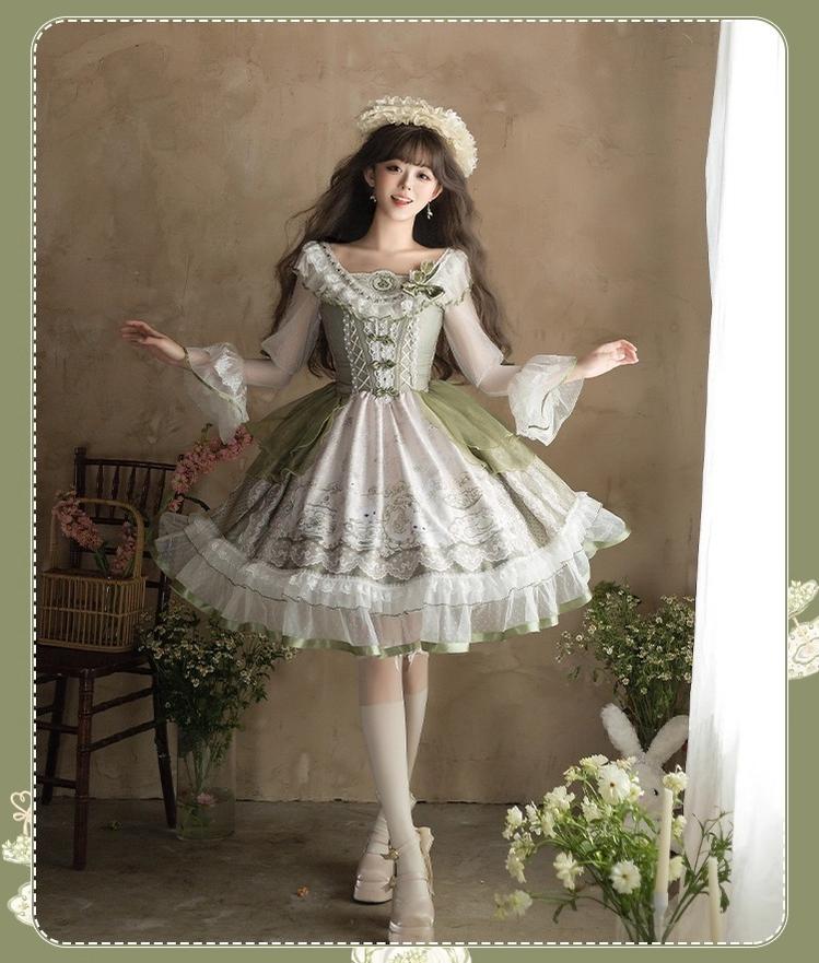 YingLuoFu - Teacup Bunny - Classic Lolita OP Dress, Fresh Green Floral Print