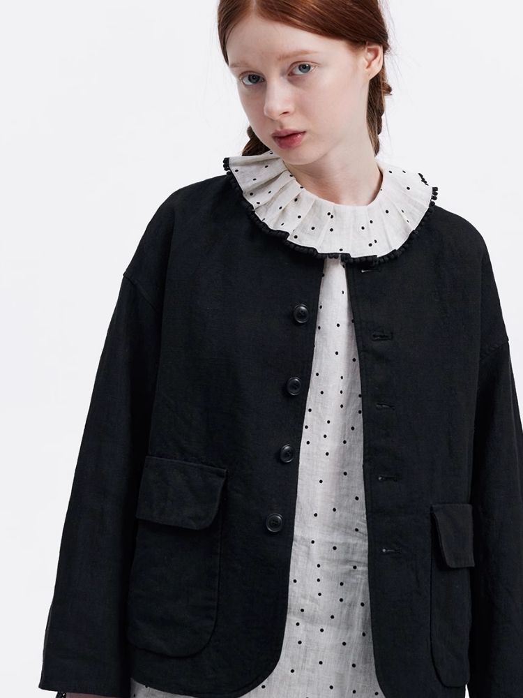 Lace lapel linen polka dot shirt【s0000007946】