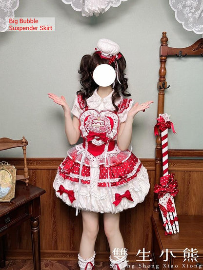 Shuang Sheng Xiao Xiong - Bite The Cake - Sweet Lolita Dress, Red & White Polka Dots