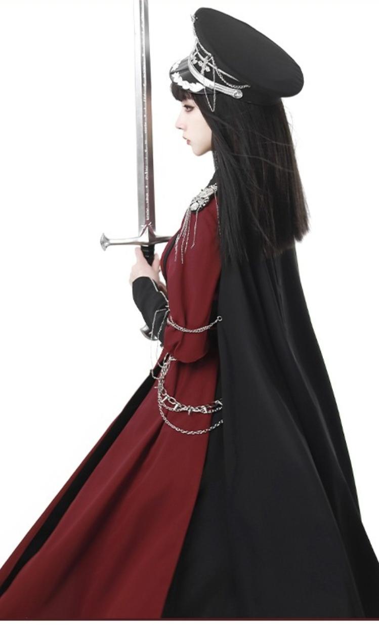 CHUNLV LOLITA - Crimson Knight - Military Lolita Dress Outfit Red OP Black Cloak Waistband
