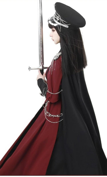 CHUNLV LOLITA - Crimson Knight - Military Lolita Dress Outfit Red OP Black Cloak Waistband