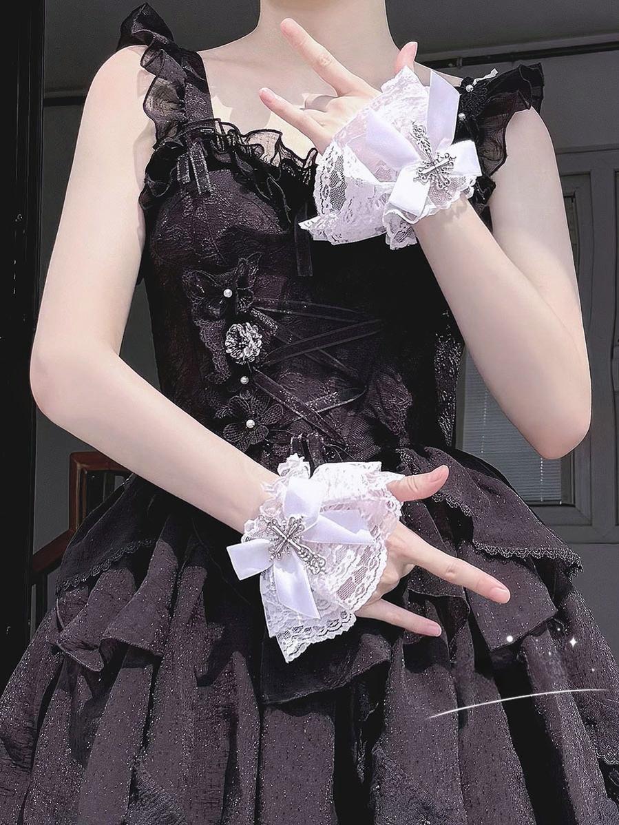 Hua Nai Cat - Gothic Lolita Cuffs with Cross Black and White Hand Sleeve