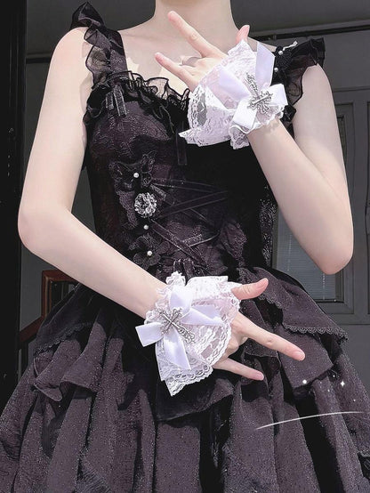Hua Nai Cat - Gothic Lolita Cuffs with Cross Black and White Hand Sleeve