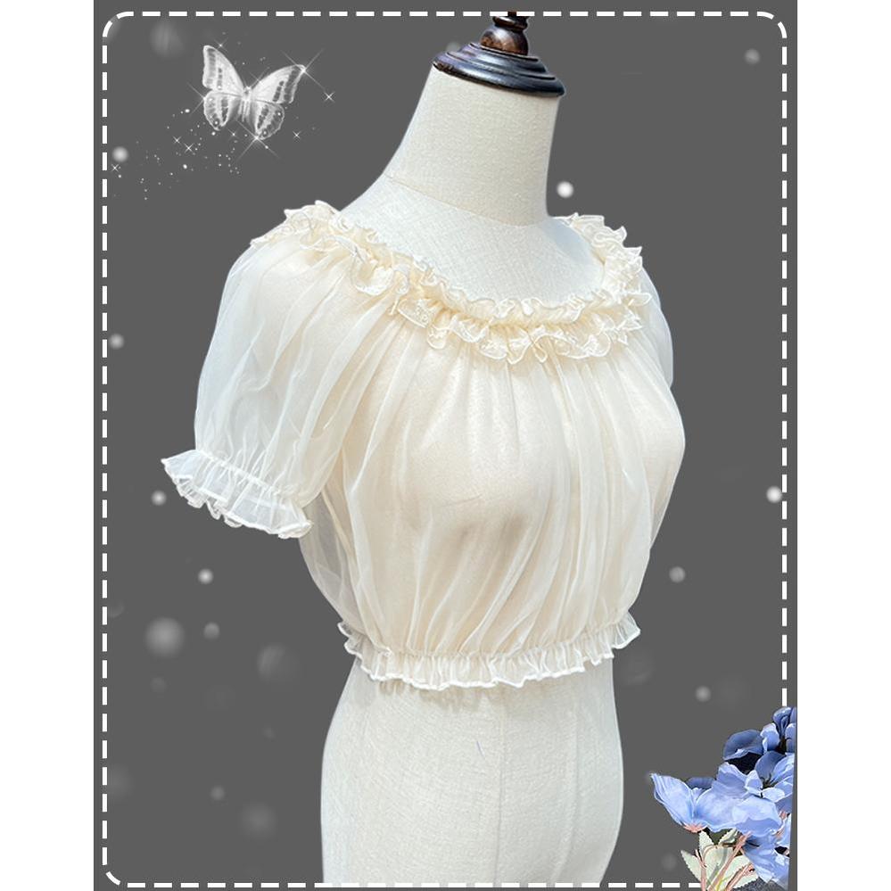 ZhiJinYuan - Daily Lolita Shirt Short Sleeve Sheer Mesh Off-Shoulder Blouse