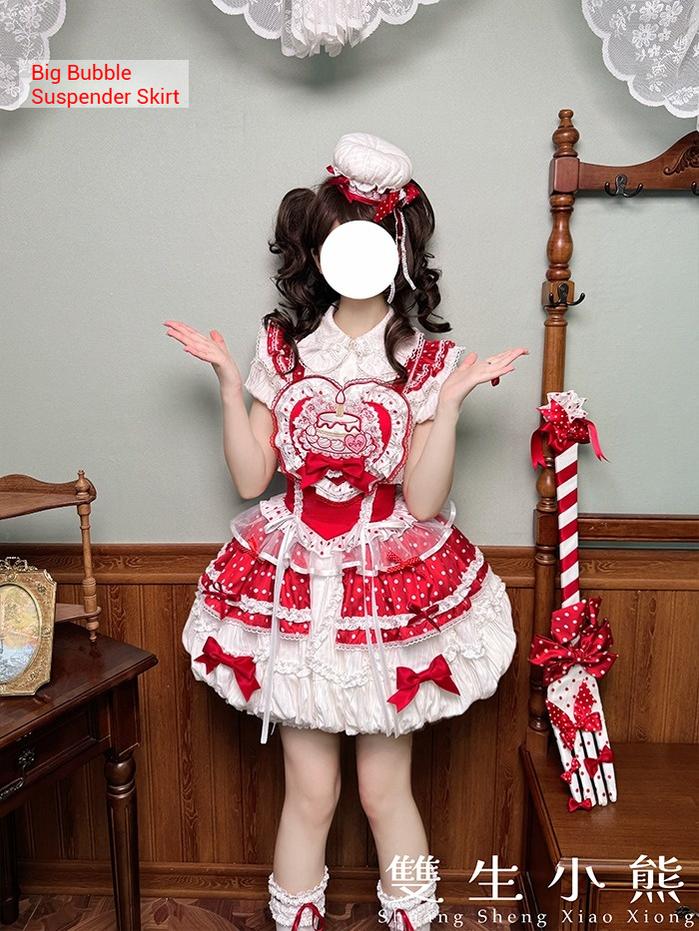 Shuang Sheng Xiao Xiong - Bite The Cake - Sweet Lolita Dress, Red & White Polka Dots