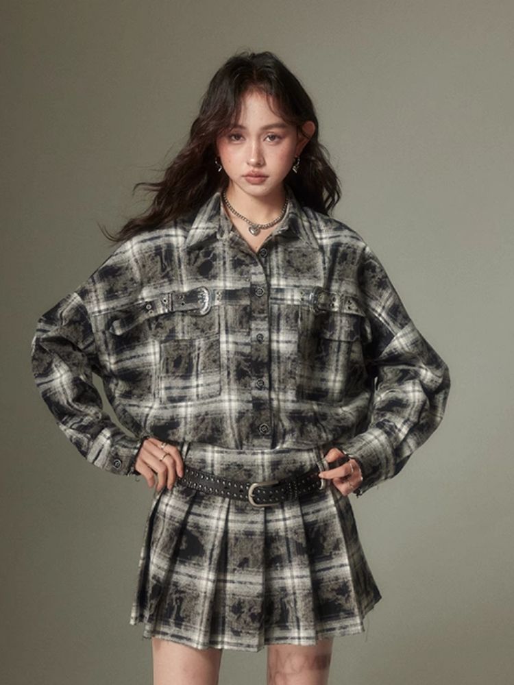 Contrast plaid shirt + pleated skirt【s0000003967】