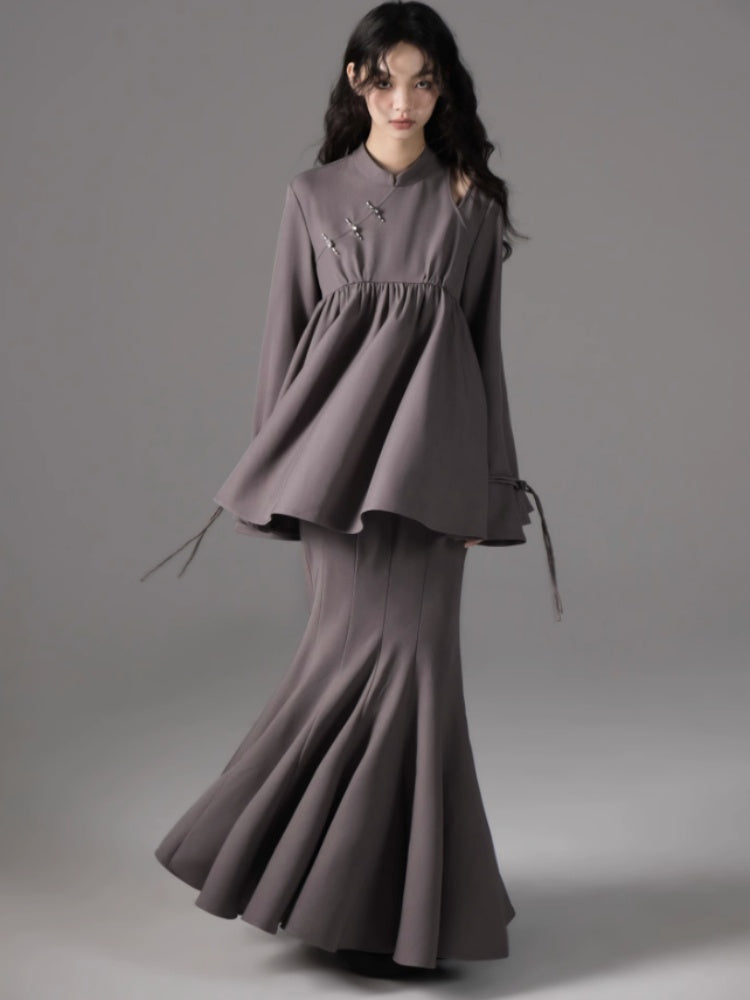 Mao Collar Switching Peplum Tops & Mermaid Skirt【s0000004393】