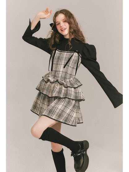 Plaid Cake Skirt Faux Two Piece Dress【s0000003859】