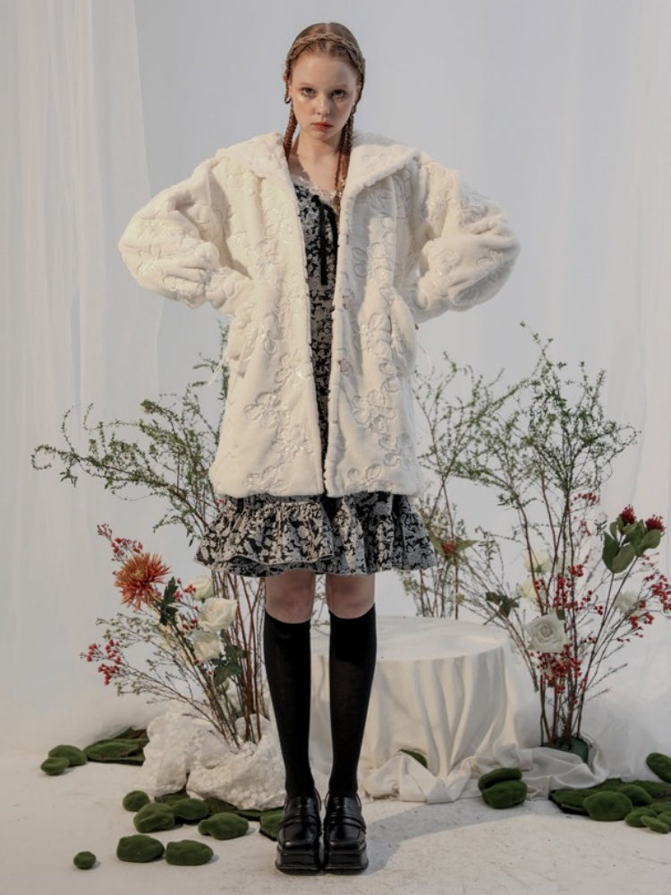 Embroidery Flower Lace Faux Fur Long Coat【s0000003855】