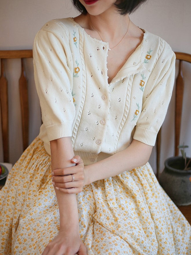 Ivory Flower Embroidered Knit Cardigan